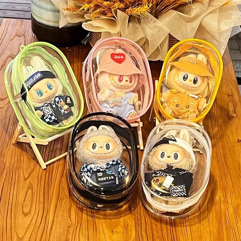 Colorful Transparent Protector Case Organizer Box for 17cm Labubu Plush Dolls Outdoor Display Bag With Keychain Doll Accessories plush dolls doll accessories
