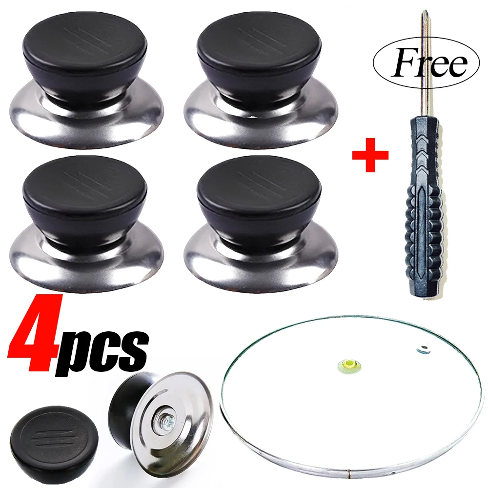 

4/2/1Pcs Kitchen Cookware Pot Pan Lid Hand Universal Replacement Knob Handle Cover Heat-Resistant Stainless Steel Black Pan Lids