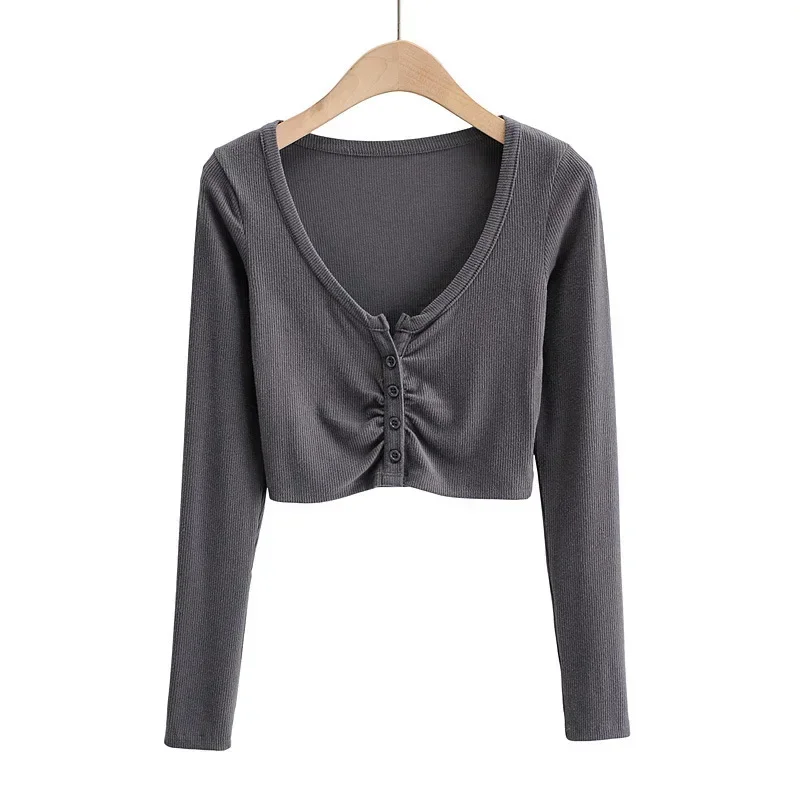 Slim V-neck Long Sleeve Bottomed Womens Tops And Blouses High Street Solid Color Open Navel Cardigan