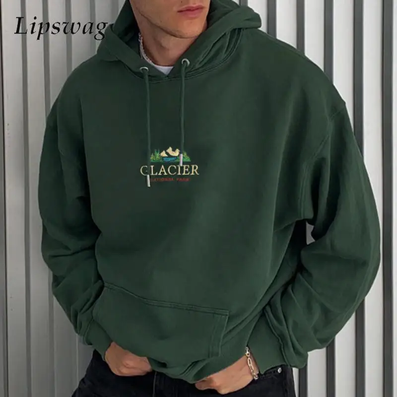 

New Oversize Hoodie Mens Autumn Vintage Letter Print Long Sleeve Drawstring Hooded Sweatshirt For Men Casual Hoodies Streetwear