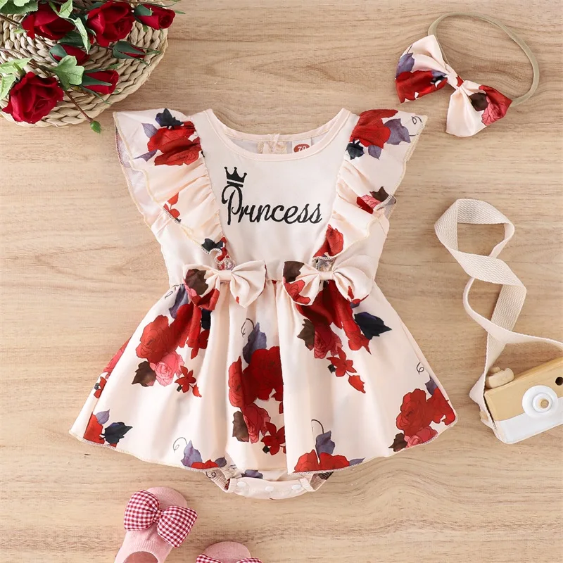 

Infant Baby Girls Clothes Kids Dress Jumpsuit Summer Tutu Romper Flying Sleeve Letter Rose Print Playsuit with Bow Headband