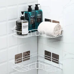 Wrought Iron Bathroom Shelf Shower Wall-mounted Storage Rack with Suction Cup Free Drilling Kitchen Storage Bathroom Accessories