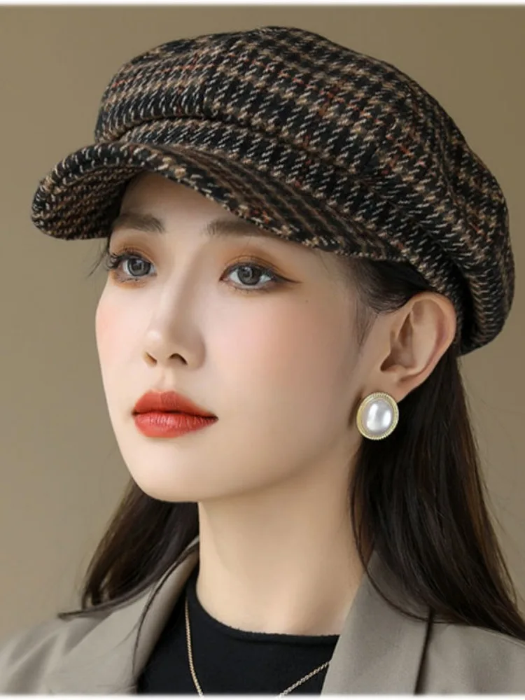 

Women's Hat Autumn-winter Octagon Painter's Hat Big Face British Korean Version Beret Soft Top Short Eaves Plaid Cap Women's Hat