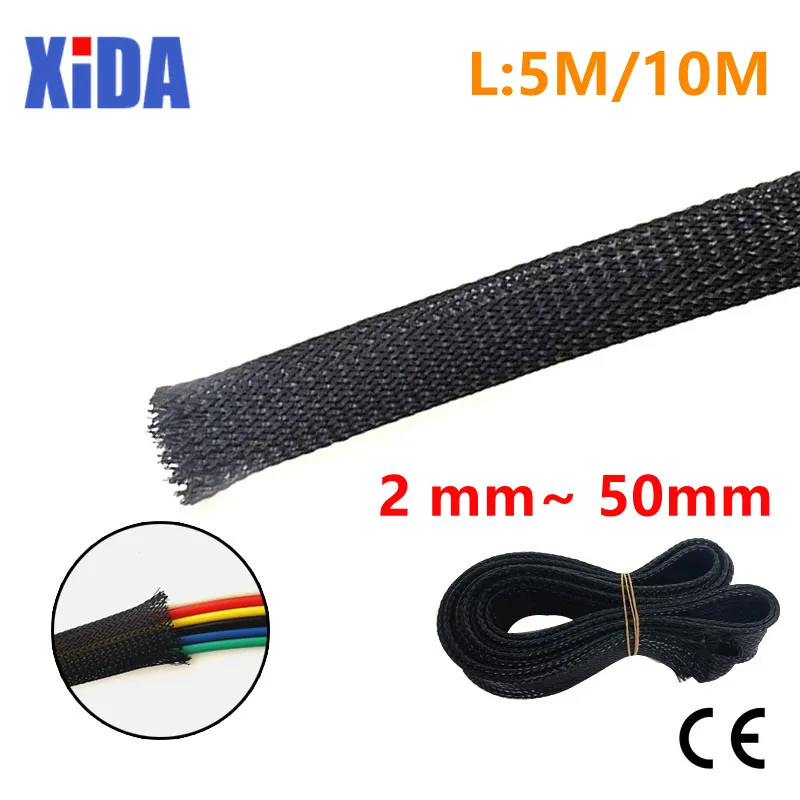 

5/10M Black Insulated Braid Sleeving 2/4/6/8/10/12/15/20/25mm Tight PET Wire Cable Protection Expandable Cable Sleeve Wire Gland