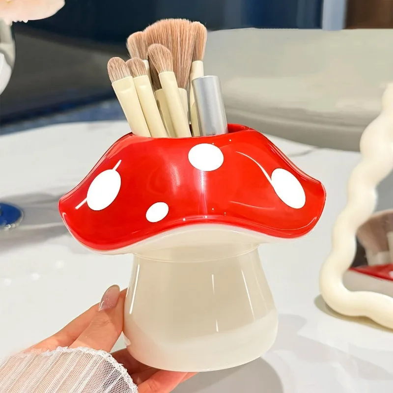 Plastic Red Brown Mushroom Storage Box Makeup Brush Holder