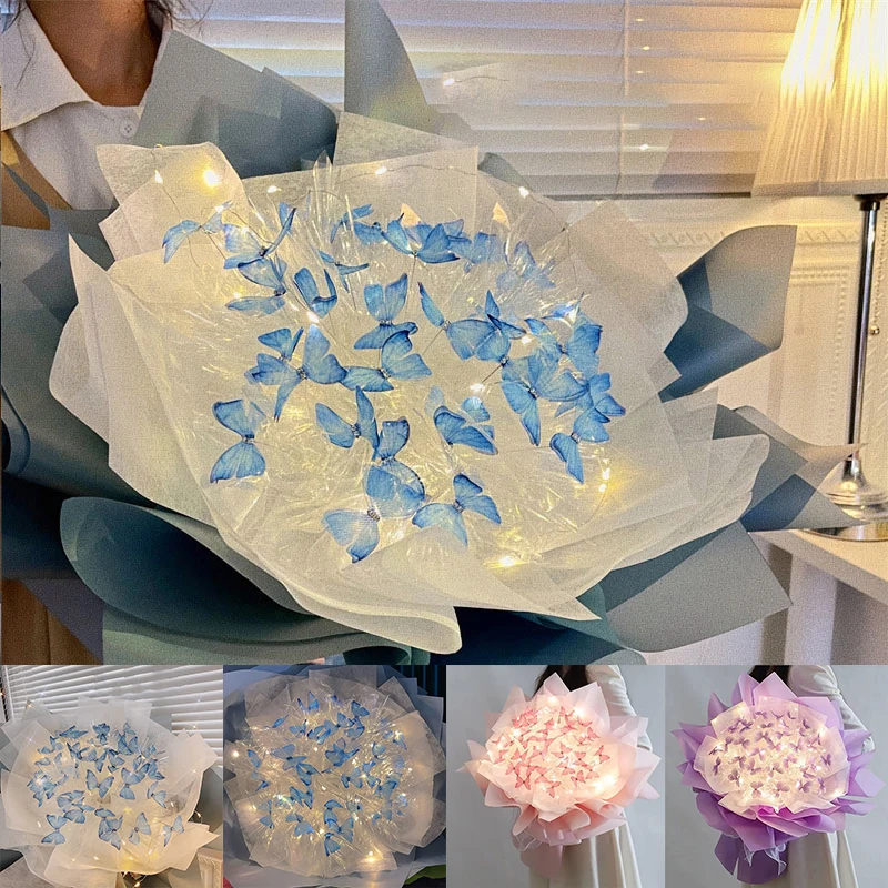 Someone is holding a large Creative Handmade Butterfly Bouquet, perfect for home decoration with its delicate and glowing butterflies. This bouquet emits a soft, warm light and is similar to four other luminous artificial flower bouquets available in vibrant colors such as blue, pink, and purple.