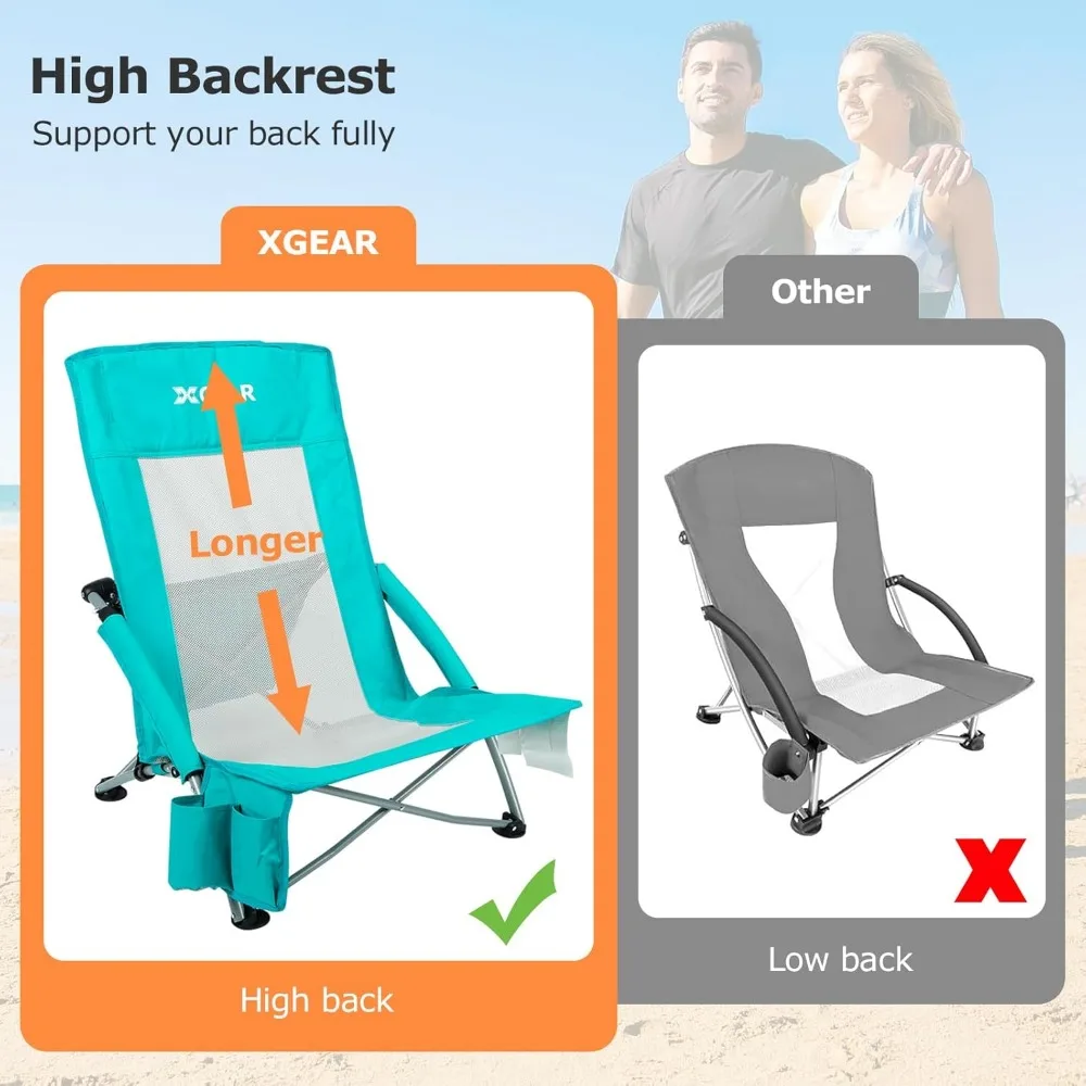 High Back Folding Beach Chair with Detachable Cooler Bag Back Mesh Back Sand,Travel,Support Up to 350 lbs 2pc Camping Chair 4