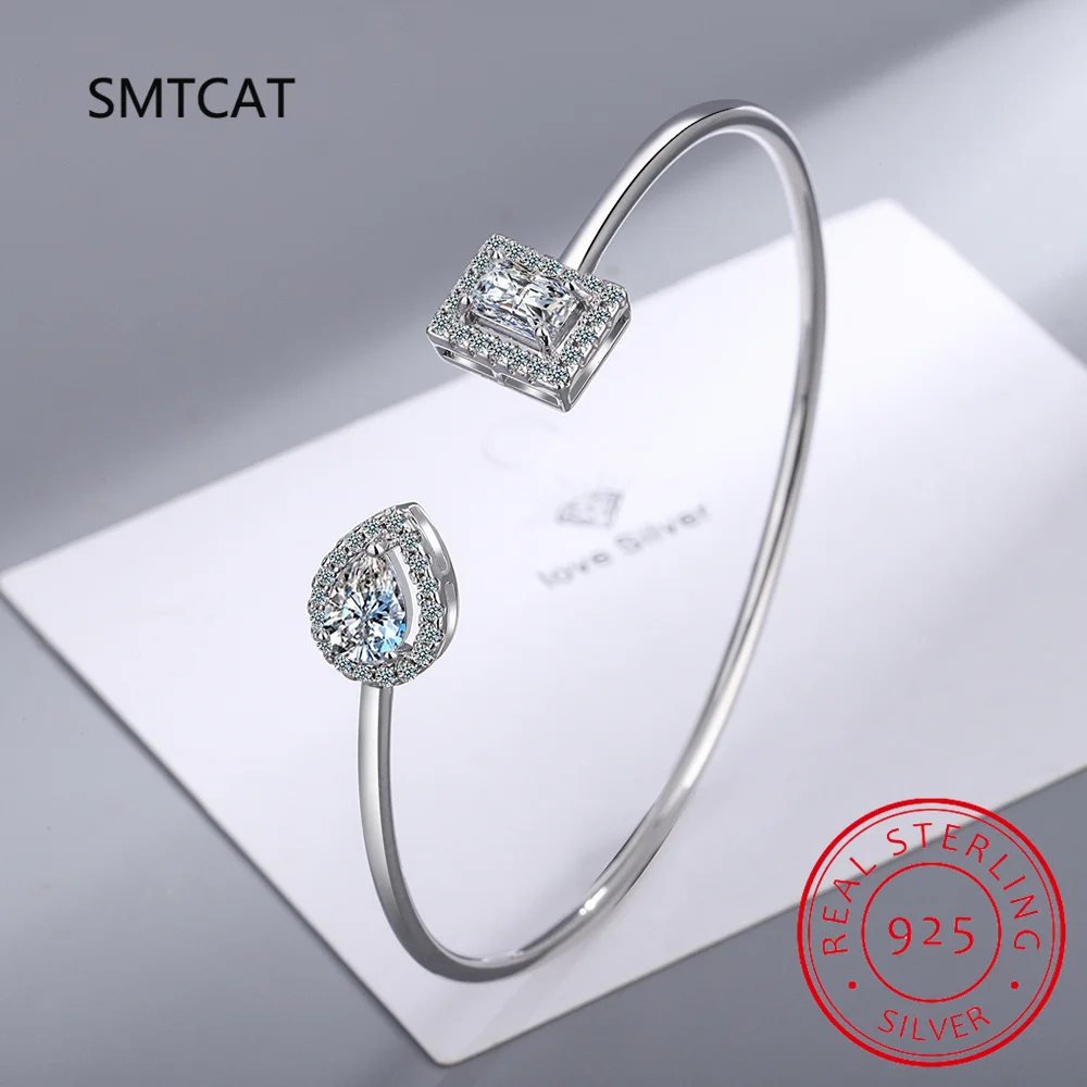 Radiant Cut Moissanite Diamond Water Drop Bangle for Women Wedding Bracelet 925 Sterling Silver Adjustable Open Bangle Jewelry