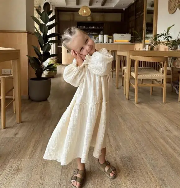 

ins Puff Sleeve KIDS Dress Girls Long Plain Beige Baby Cotton Linen Classic Children Clothes Solid Bebes Ruffe Dresses Simple
