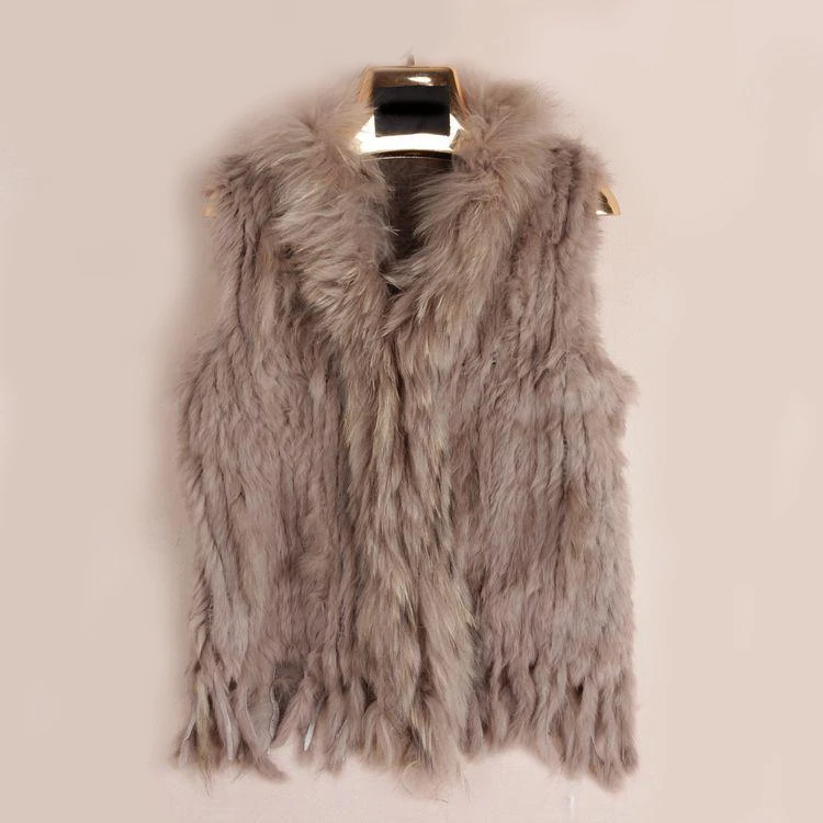 Chaleco de piel de conejo Real Natural para mujer, chaquetas de punto con cuello de piel de mapache, VR001, Invierno