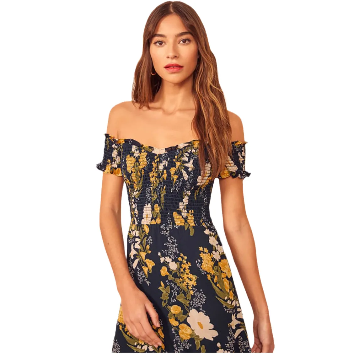 

2022 Summer New Retro Slash Neck Print Off Shoulder Mid-Length Dress Sexy Long Dress