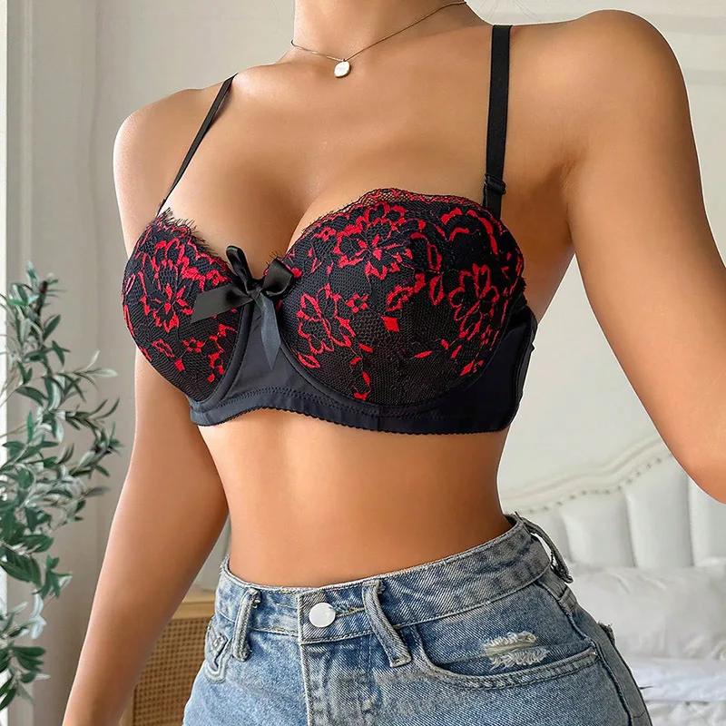 Sexy Fashion Lace Gather Bra Women Push Up Breathable Underwear Deep V Embroidery Bralette Ladies Wireless Fashion Invisible Bra