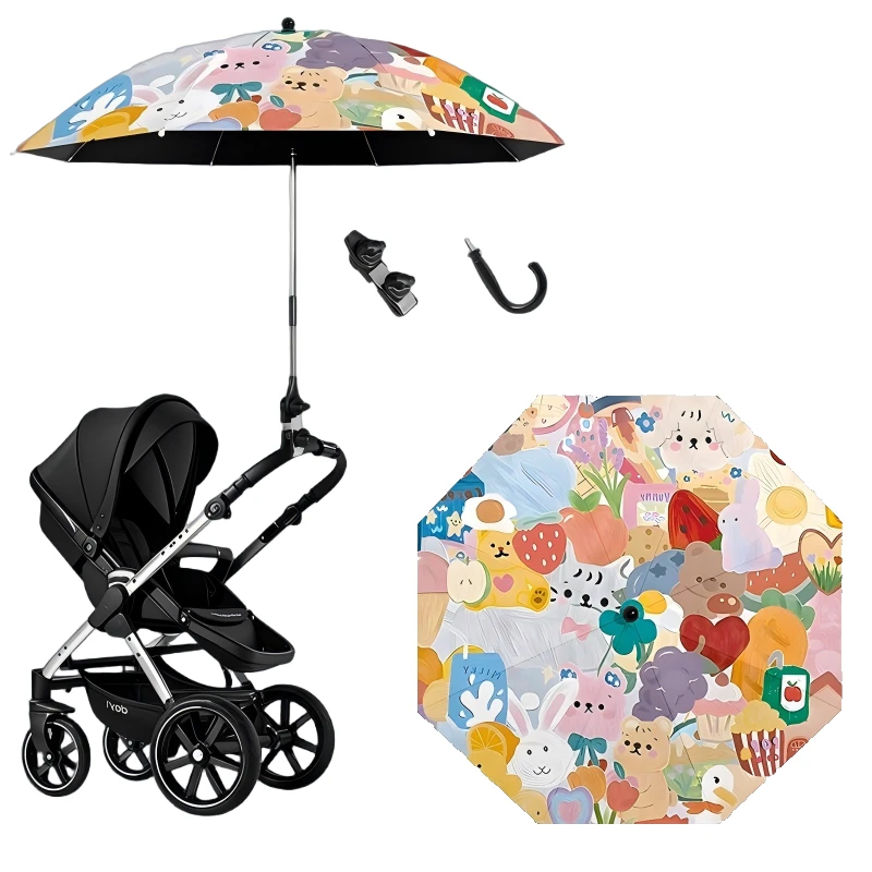 Cartoon 2-in-1 UV Protection Baby Stroller Umbrella with Clamp Universal Sunscree Rainproof Umbrella Stroller Cover Accessories