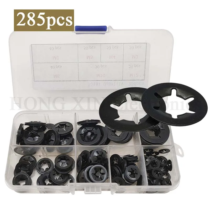 

285PCS Metric M3 M4 M5 M6 M8 M10 M12 Internal Tooth Starlock Washers Assortment Kit;External Push Rings; Push On Washers