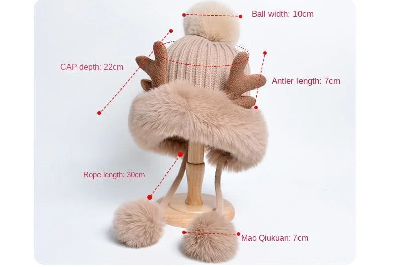 Cappelli invernali caldi lavorati a maglia, da donna, con corna di cervo, due palline, con paraorecchie, in peluche, spessi e soffici, in pelliccia_voghion.com