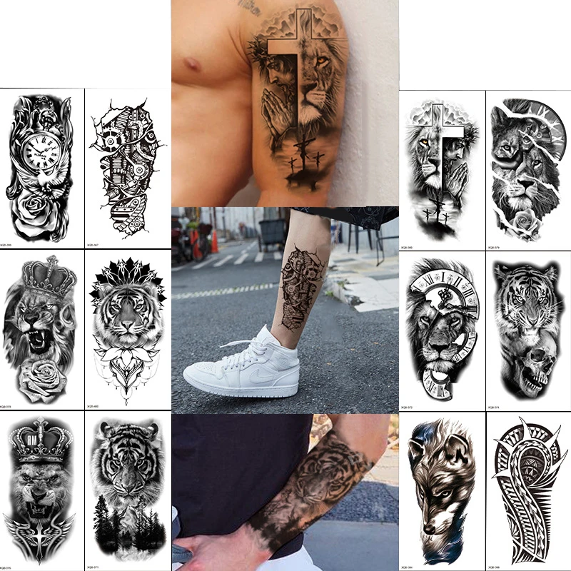 Waterproof Temporary Tattoo Sticker Forest Lion Tiger Bear Tattoo Women Leopard Wolf Crown Body Art Arm Fake Tattoo For Men Girl