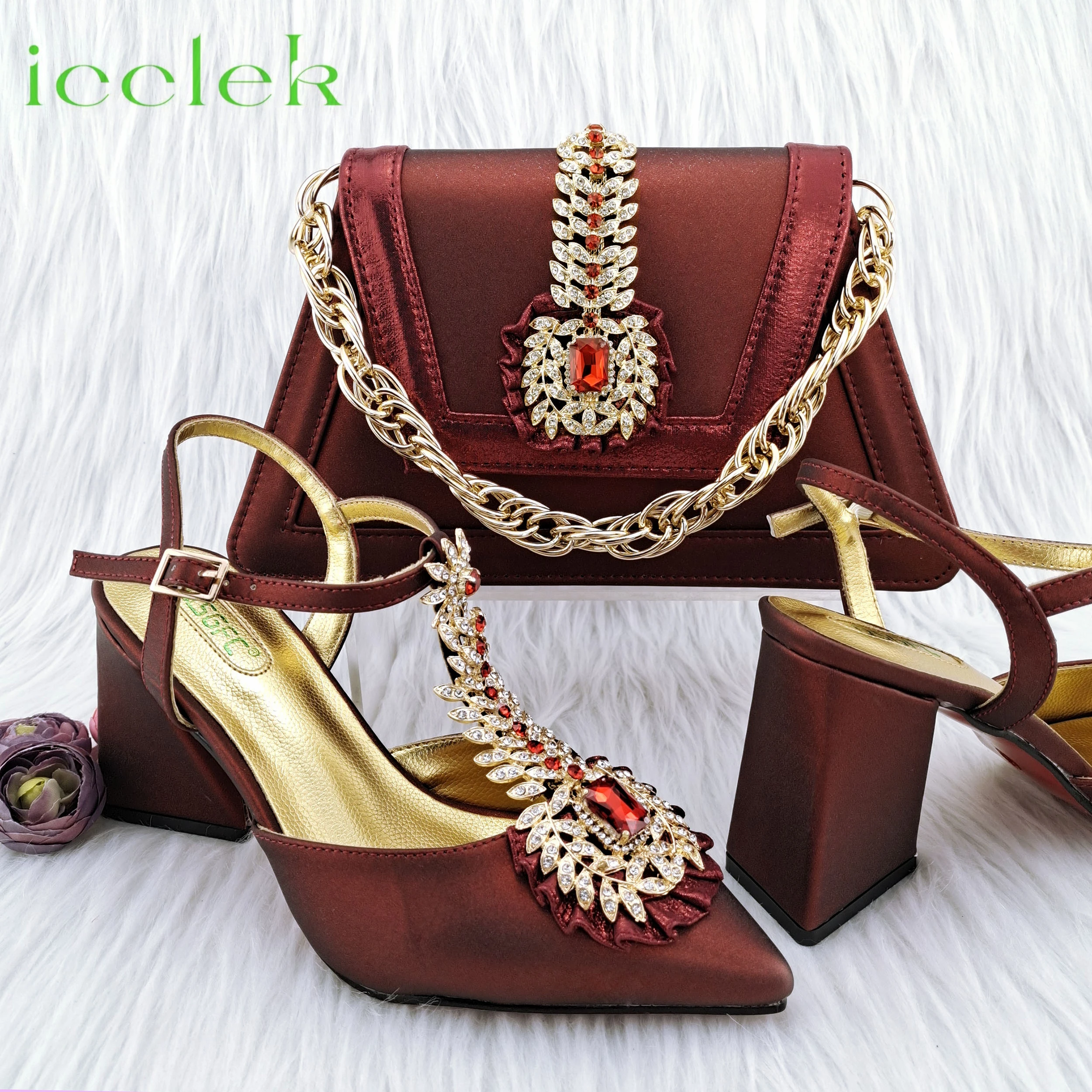 

Hot Selling Pointed Toe Bling Crystal Design High Heel Sandals Shoes Matching Bag Set in Wine Color For Women Party