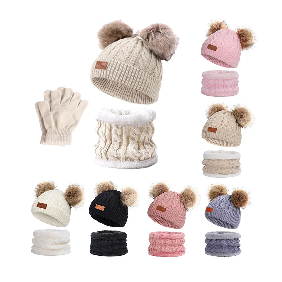 Knitted Hat and Mitten Set for Baby Boys and Girls, Thick Warm Beanie Cap, Gloves for Infant, Winter, 1-5 Years Old