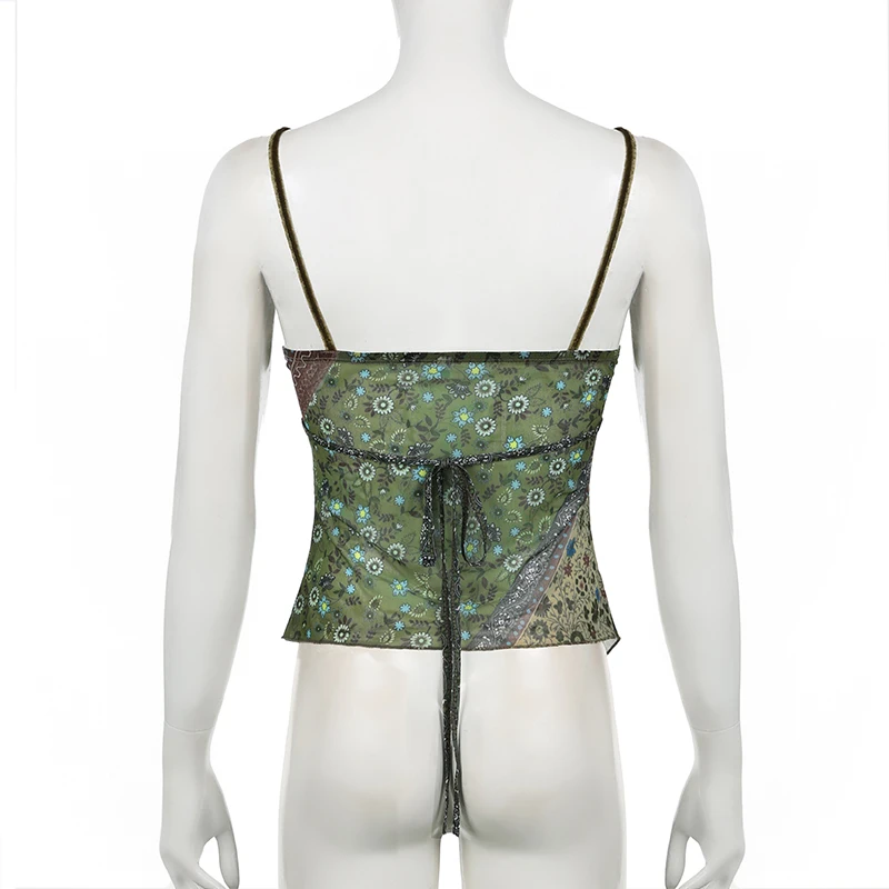 Mori Girl Style Patchwork Camis Top Y2K Aesthetic Vintage Green Sexy V Neck Tank Top Summer Asymmetry Lace-up Vest