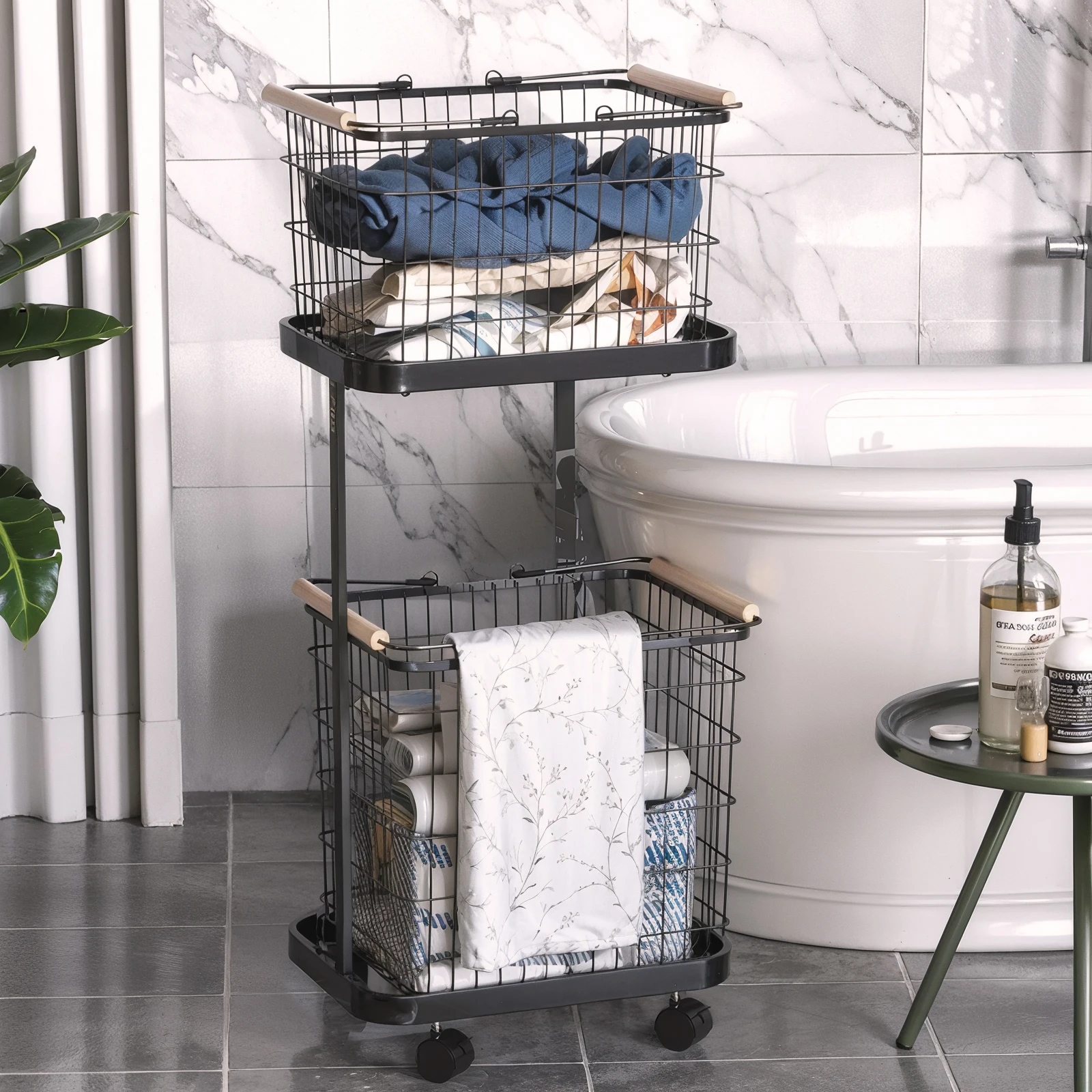 2 Tier Rolling Laundry Basket with Wheels Metal Storage Cart Laundry Hamper Trolley for Laundry Room Bathroom Bedroom