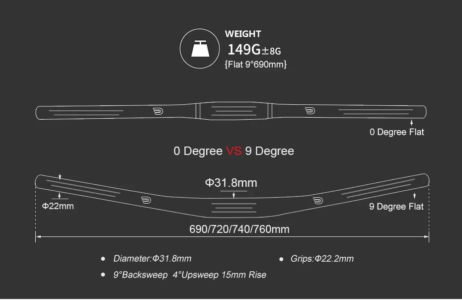 DODICI 9 Degree Carbon Handlebar MTB Handlebar 31.8*690/720/740/760mm Bicycle Handlebars Mountain Bike Accessory