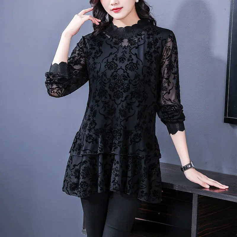 

2023 New Spring and Autumn Fashion Temperament Commuting Simple Standing Collar Mesh Flocking High Grade Exquisite Long Shirt