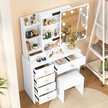 White Vanity Makeup Table with 10 LED Bulbs Mirror and 6 Drawers Dresser Set