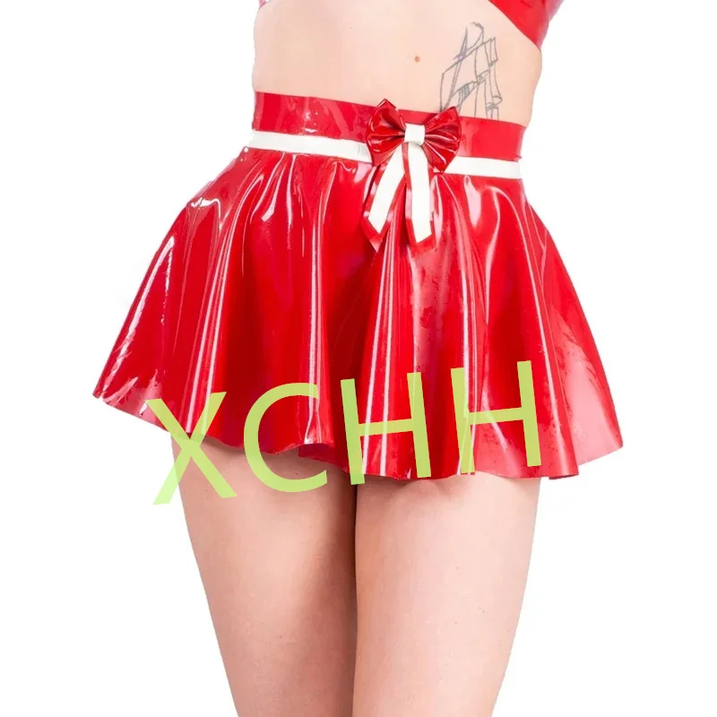 

Mini Latex Skirts Red with White Trim Sexy Fetish Short Rubber Bottoms for Women Cosplay Costume