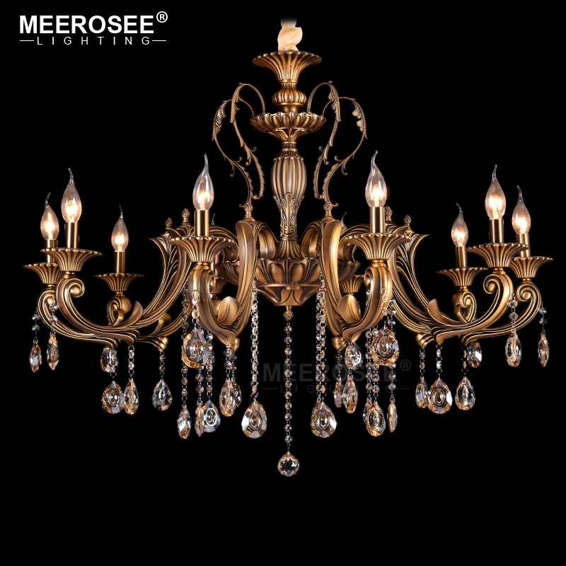 

Meerosee 10 Heads Brass Chandelier Light Fixture Antique Brass Pendant Vintage Copper Crystal Lamp Lustres 100% Guaranteed