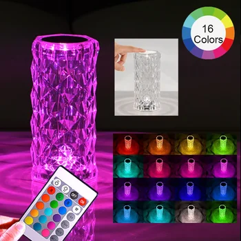 LED 크리스탈 침실 분위기 장미 프로젝터 테이블 램프, 로맨틱 다이아몬드 터치, 조정 가능한 참신한 야간 조명, 16/3 색상