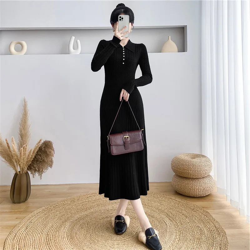 Ribbed Autumn Knit Long Dress For Women Fashion High Waist Elegant Solid Long Sleeve Dress Lapel Loose Knitwear Maxi Dress