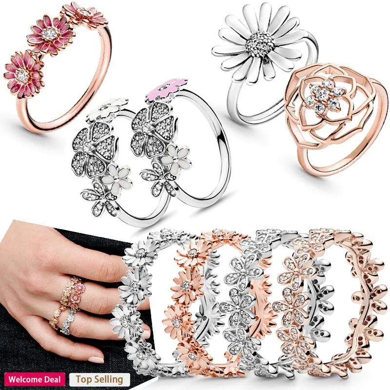 Popular Women's Original 925 Silver Shining Daisy Boutique Flower Logo Rose Ring Couple DIY Light Luxury Charm Jewelry