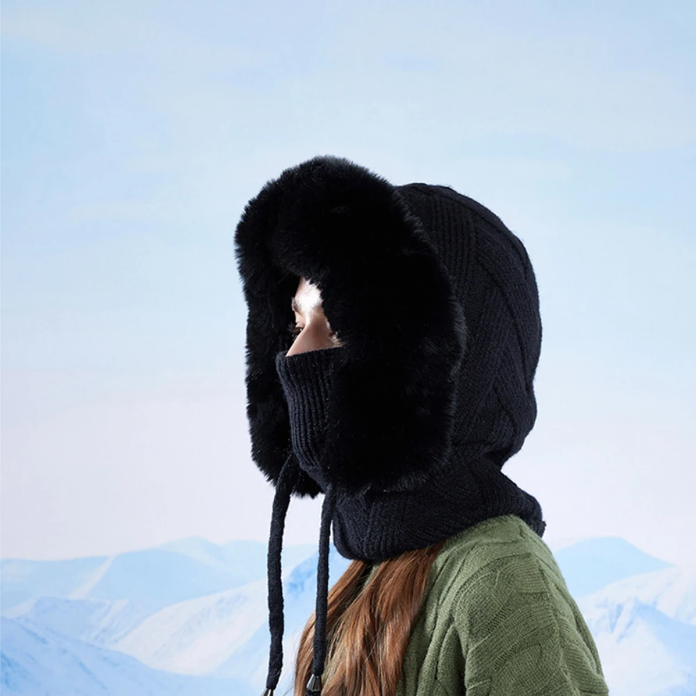 Winter Knitted Hat Ear Protection Balaclava Hat Fluffy Mask Neck Integrated Hooded Cap Outdoor Thickened Hat for Ski Cycling