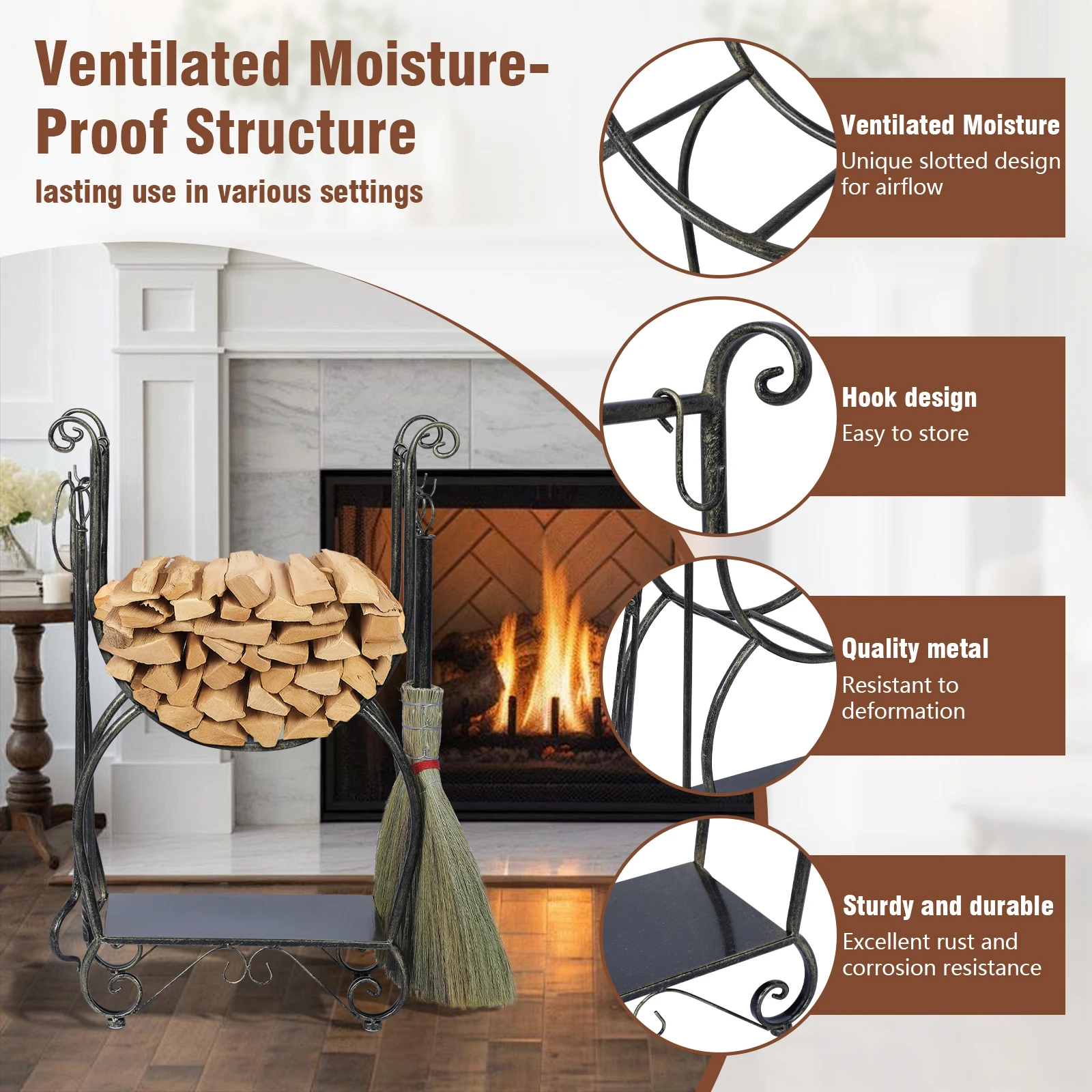 Metal Black Copper Firewood Rack Set with Fireplace Tools