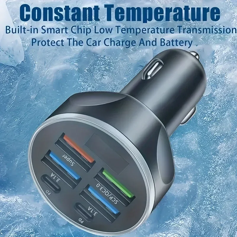 250W PD USB 6 In 1 Car Charger Fast Charging Car Cigarette Lighter Adapter With Digital Display For iPhone Samsung Huawei Xiaomi