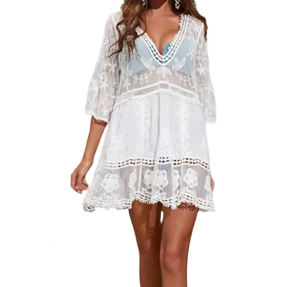 Swimsuit Cover Up Solid Color Deep V Neck Lace Quick Dry Swimwear Dress for Swimming