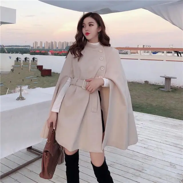 

2024 New Autumn Winter Women Cape Poncho Coat Jackets Stand Collar Woolen Solid Color Shawl Cloak Female Soft Clothing T315