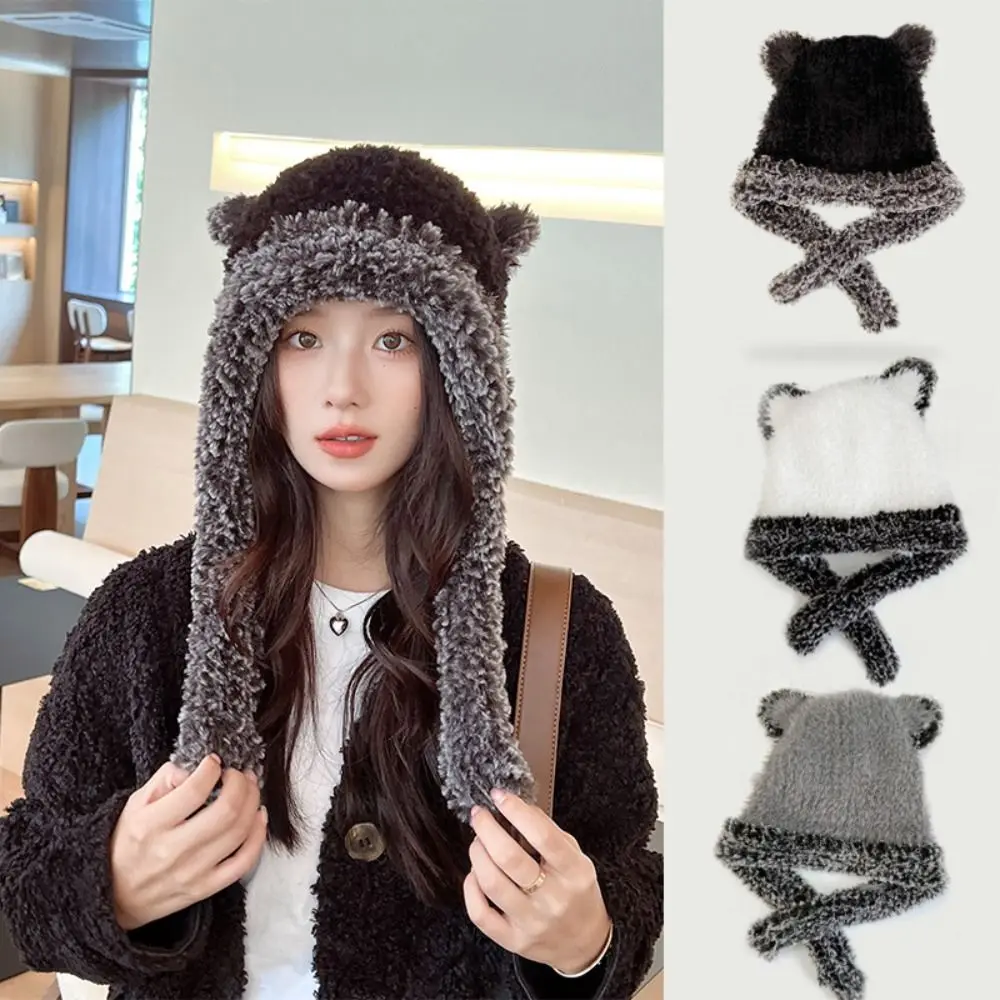 여성용 귀 보호 봉제 버킷 햇, 부드러운 가을 겨울 콜드 햇, 곰 귀 비니, 여성 신제품
