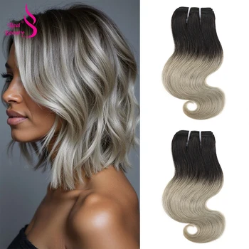 Extensioni di capelli umani Ombre, 8 pollici, ondulate, colorate, da cucire, 50g, 4 pezzi, per testa intera, stile bob corto, con radice nera, grigio, rosso, viola