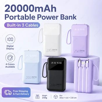 Power Bank Portatile da 20000mAh con 3 Cavi Integrati, Batteria Esterna Ricaricabile con Display Digitale per iPhone e Android