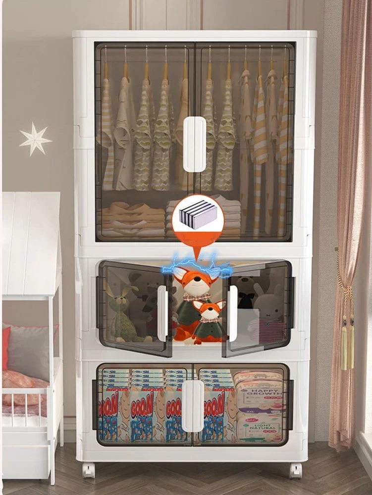 Double Door Open Clothes Storage Organizer with Wheels Foldable Wardrobe Cabinet Baby Cupboard Organizing Box Containers Bin