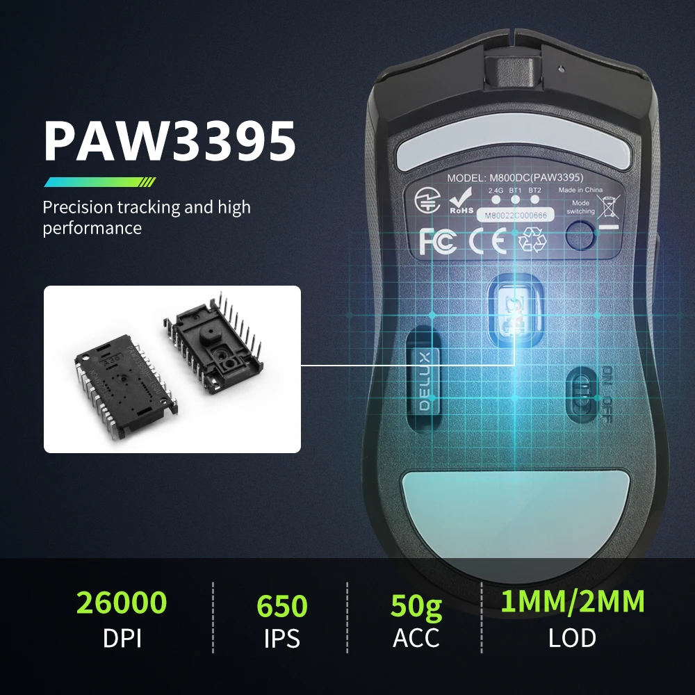 Delux M800 Pro Paw3395 Mouse Gamer sem Fio Conexão Bluetooth Tri-mode 26000dpi Huano Rosa Ponto Macro Programável para Jogadores de pc - Imagem 6
