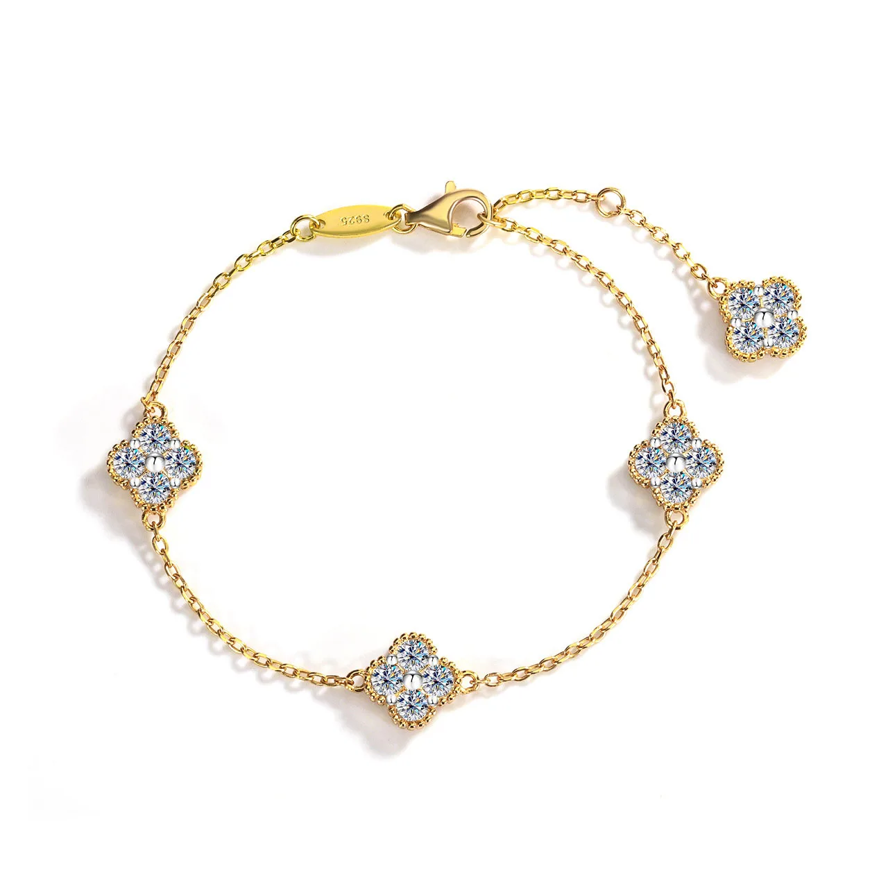 JECIRCON S925 Sterling Silver Moissanite Bracelet for Women 4 Small Petals Flower Light Luxury Exquisite Elegant Jewelry Gift