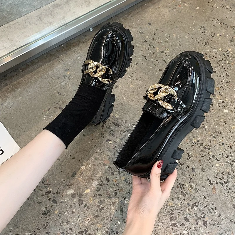 Women Spring Platform Flats Shoes Women Loafers Slip on Boat Shoes Metal Chain Designer Casual Leather Oxfords,women oxford shoes