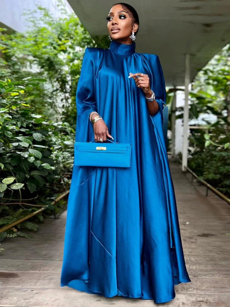 

Elegant Women Oversized Modest Dresses Mock Neck Batwing Sleeve Pad Shoulder Cut Back Vintage Blue Large Sparkly Event Robes