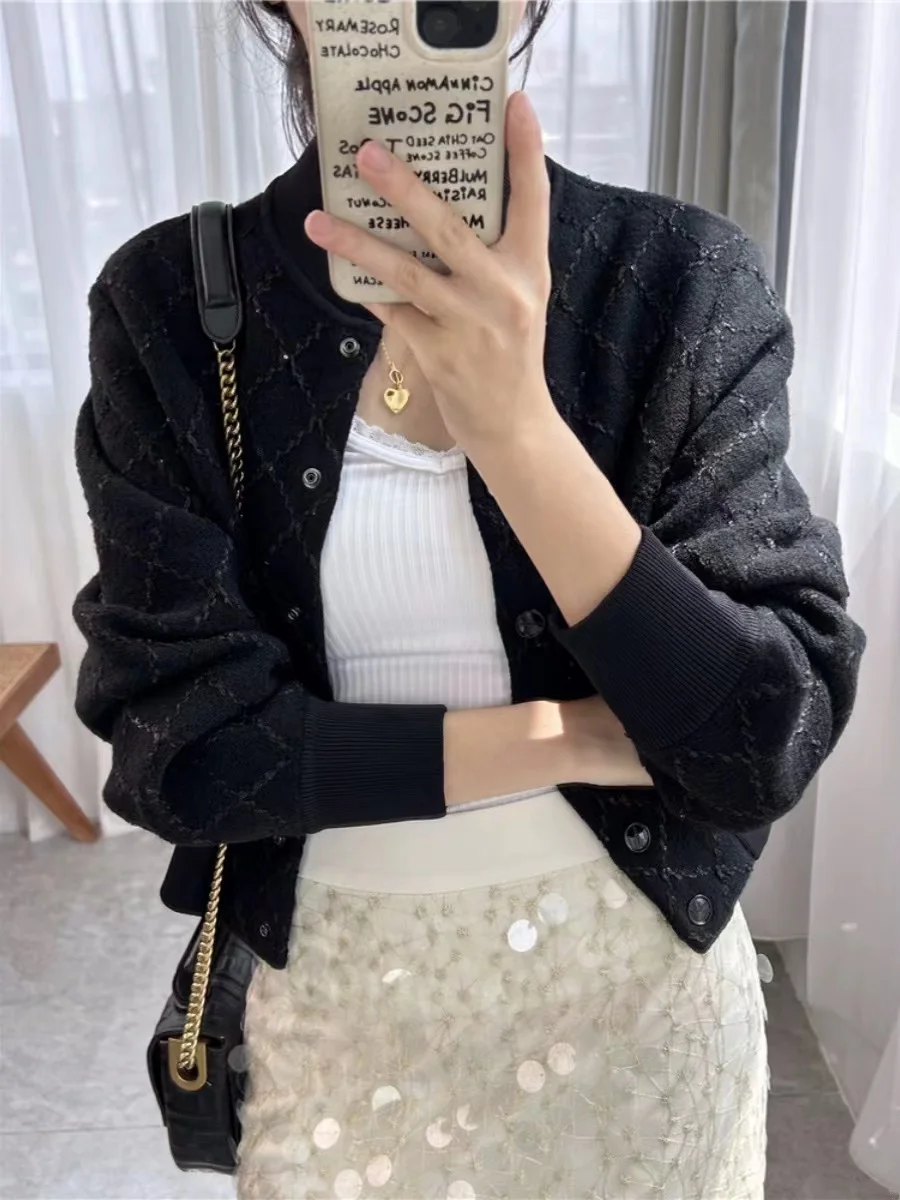 

2023 Autumn Winter New Argyle Knitted Cardigan Top Women French Elegant Slim Short Outwear Jacket Ladies