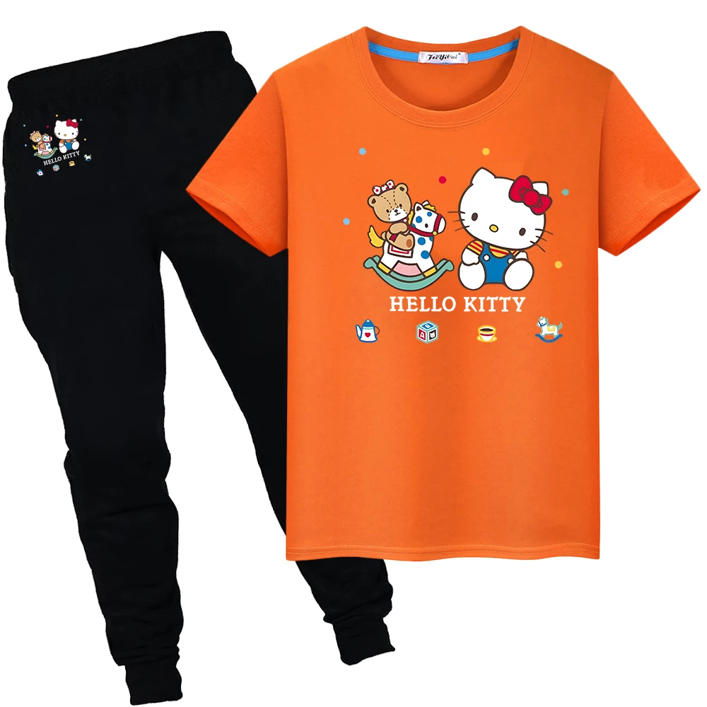 

hello kitty Print 100%Cotton Cute T-shirt Summer Sports Sets Kawaii anime Tshirts Short+pant boys girls clothes kid holiday gift