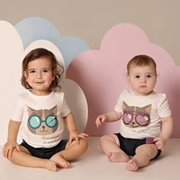 AA SS25 Children Clothes Boy and Girl Cat with Sunglasses Printed Tee Shirt with Denim and Ribbed Skirt/Leggings Kid Casual Wear 2