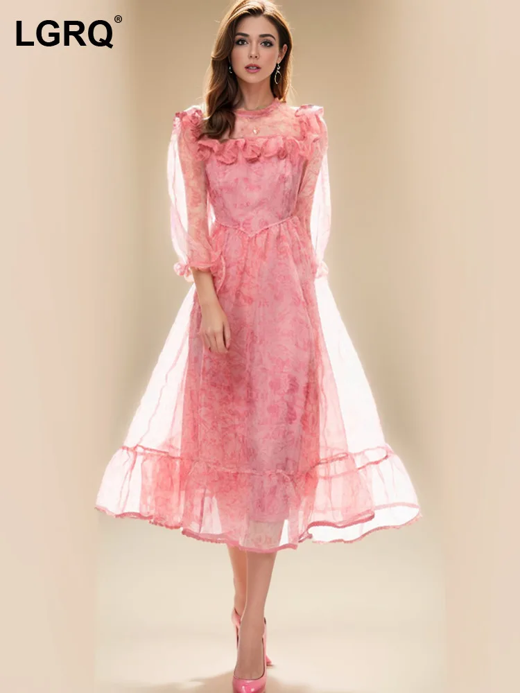 

LGRQ Women's Dress Solid Print Ruffled Spliced Fashion Round Neck High Waist Long Sleeve Elegant Dresses Summer 2024 New 3WM225