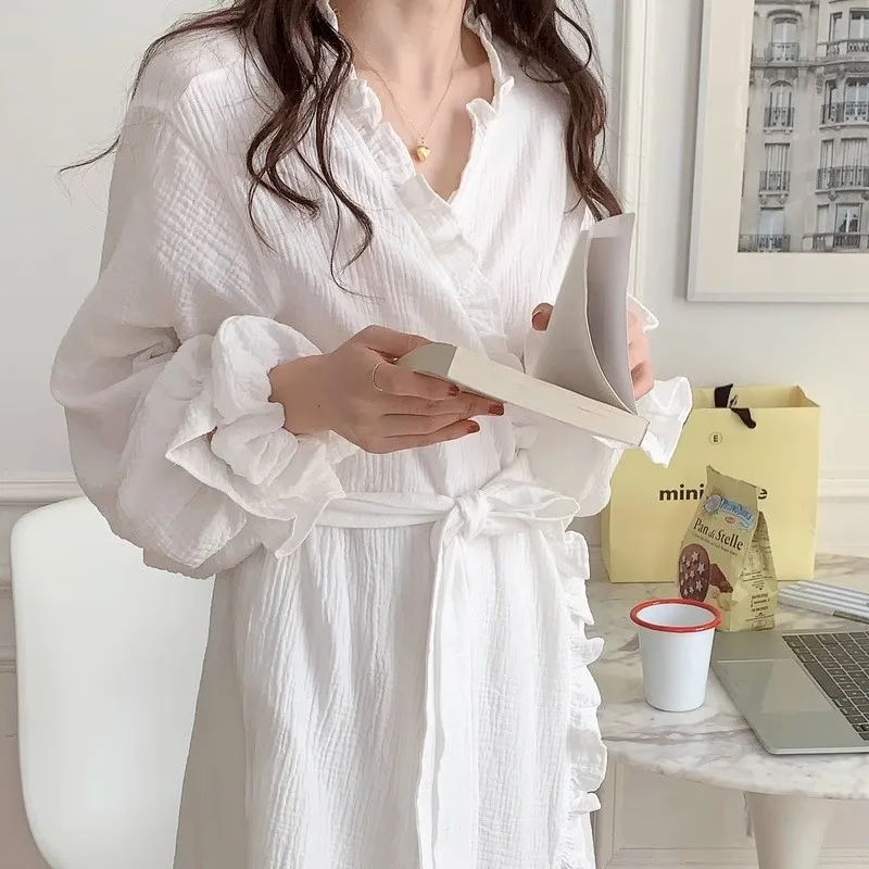 Women's Spring and Summer New Simple Long-Sleeved Robe Girls Sweet Ins Wind Ruffled Thin Section of Solid Color Pajamas Home Wea 2